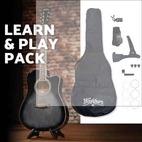 Washburn WA90CETBBPACK Learn & Play Pack Acoustic Electric Guitar Bundle. Transparent Black Burst