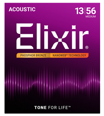 Elixir 16102 Phosphor Bronze Nanoweb Coated Acoustic Guitar Strings Medium 13-56