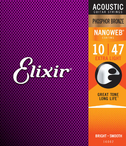 Elixir Nanoweb Phosphor Bronze Acoustic Guitar Strings -.010-.047 Extra Light - 16002