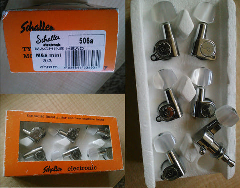 Schaller M6a mini 3x3 chrome tuners with perloid buttons