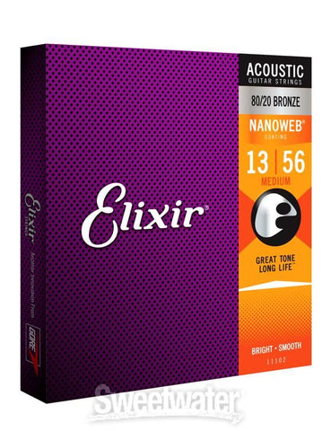 Elixir 11102 Medium Nanoweb 80/20 Bronze Acoustic Guitar Strings