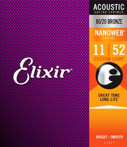 Elixir 80/20 Bronze Acoustic Guitar Strings with NANOWEB Coating, Custom Light (.011-.052) - 11027