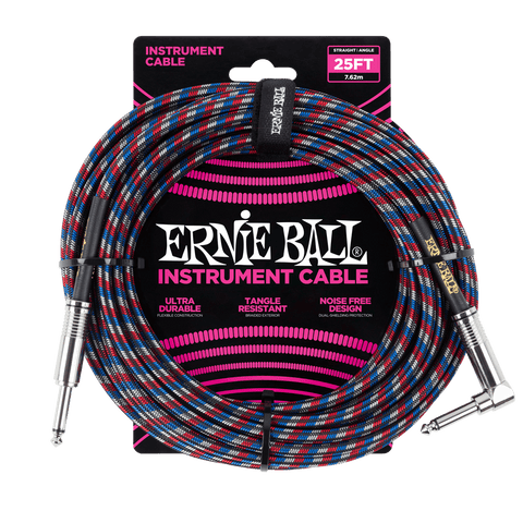 Ernie Ball 25' Braided Straight / Angle Instrument Cable - Black / Red / Blue / White, P06063