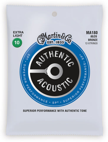 Martin MA180 SP 80/20 Bronze Authentic Acoustic Guitar Strings 12 String Extra Light 10-47
